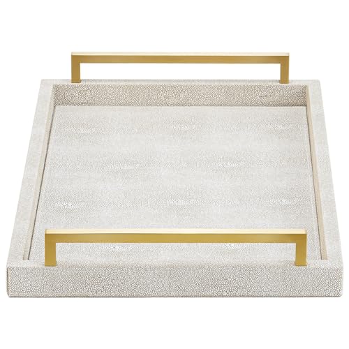 XIGEXIGE Ivory Shagreen Decorative Tray Large Rectangle Coffee Table Tray for Ottoman Faux Leather Serving Tray with Brushed Gold Handles - color: Ivory, size: 17" x 12" x 2.5"