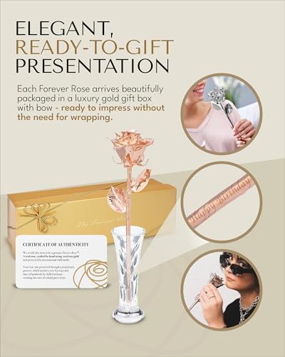 Forever Rose The Rose Gold Dipped Rose, Custom Laser Engraved Rose Gold Flower in an Elegant Glass Vase & Gift Ready Box, Handcrafted Luxury Anniversary, Birthday, Wedding or Valentine’s Keepsake - color: Rose Gold
