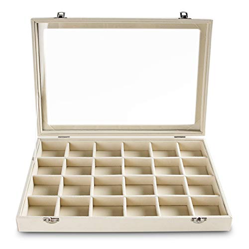 Frebeauty 24 Grid Earring Holder Organizer Tray, Jewelry Organizers and Storage for Drawer,Velvet Jewelry Display Storage for Earrings,Rings,Studs,10.5 x 6.5 x 1.2 Inches Gift for Women (Beige) - color: Beige, size: 24 Slots