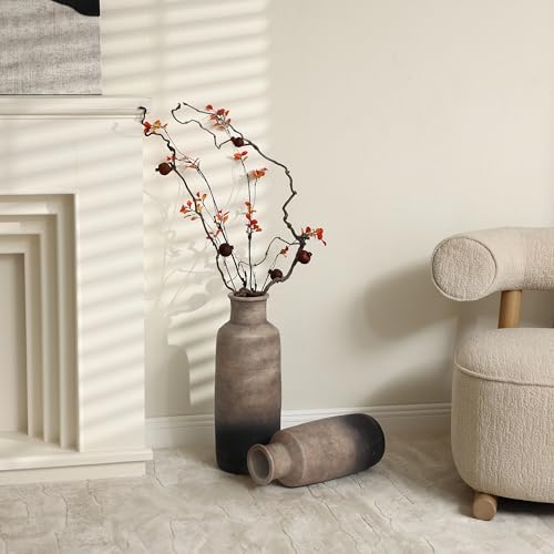 LuxenHome Rustic Ceramic Flower Vase,15'' Tall Brown Ombre Pottery Terracotta Narrow Floor Vases Home Decor,Farmhouse Vintage Vases for Living Room Decor,Modern Decorative Vase Home Décor Accents - color: Brown Narrow B