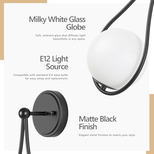 Mid-Century Wall Sconces Set of 2 Black Modern Globe Wall Lighting Indoor Hardwired Wall Lights for Hallway Office,Porch, Bedroom, Living Room,Stairway - color: Black