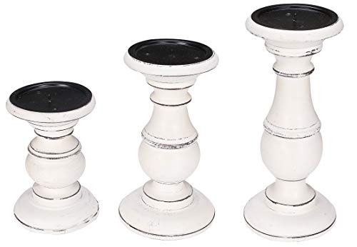 Candle Holders Set of 3 (10",8" & 6" Height)_White Antique,Pillar Candle Holder in Mango Real Wood,Decorative Candle Holders for Table Centerpiece, Wedding, Party, Home Décor, Spa, Farmhouse, Gifting - color: White Antique, size: 6"+8"+10" - High