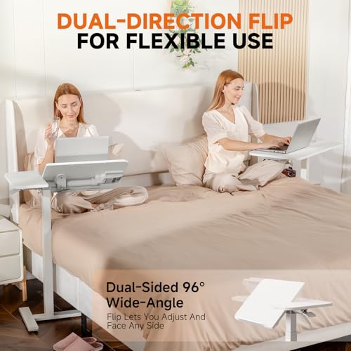 GTPLAYER Overbed Bedside Table with Wheels,Tiltable Hospital Bed Table Over The Bed, Pneumatic Adjustable Rolling Laptop Desk, Mobile Standing Desk for Hospital and Home Use (White) - color: White