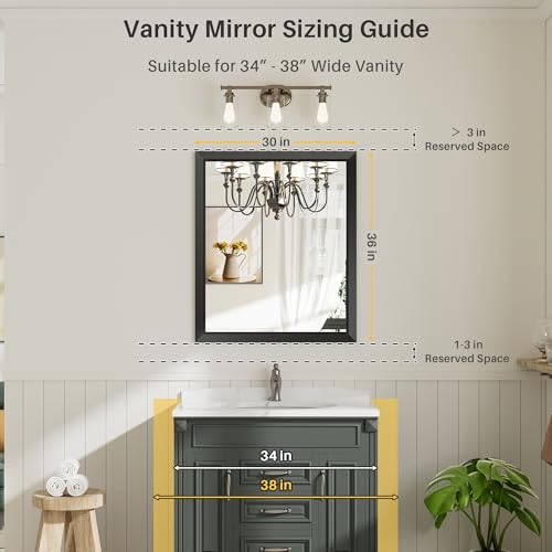 Briivue 36x30 Inch Black Bathroom Mirror for Wall, Thick Metal Framed Rectangle Mirrors for Over Sink, Bedroom, Living Room, Entryway, Anti-Rust, HD Tempered Glass - color: Black, size: 36"L x 30"W