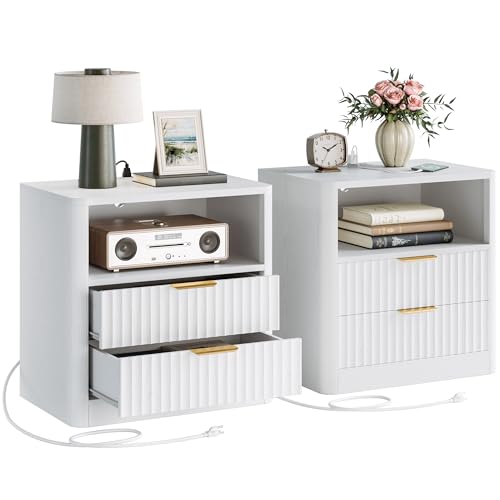 IRONCK Fluted Night Stand Set of 2, Modern Nightstand with Charging Station, Drawers and Open Shelves - Bedside Table Wood Side Table Set for Bedroom, White - color: White