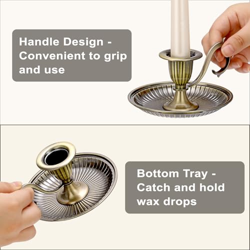 OwnMy 1 Vintage Candlestick Holder Decor, Antique Brass Taper Candle Holder with Carry Handle and Candle Drip Catcher Tray, Eleagnt Taper Candle Stand for Wedding Dining Table Centerpiece, Bronze - color: Bronze