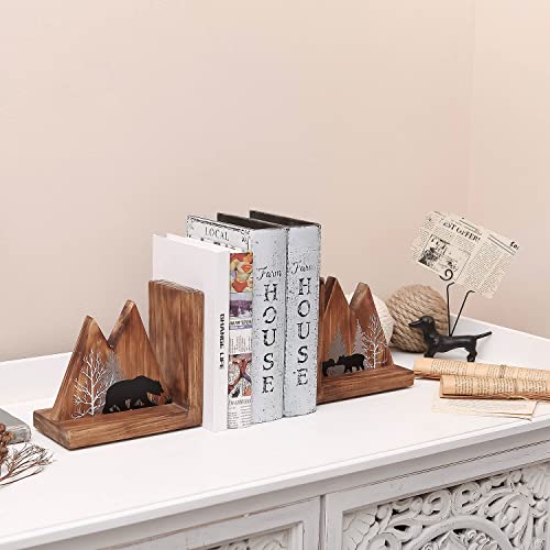 NIKKY HOME Heavy Duty Non Slip Rustic Woodland Mountain Wood Bookend Cute Bear Book Ends Book Stoppers for Cabin Decor Home and Office Shelves Children - color: Bear