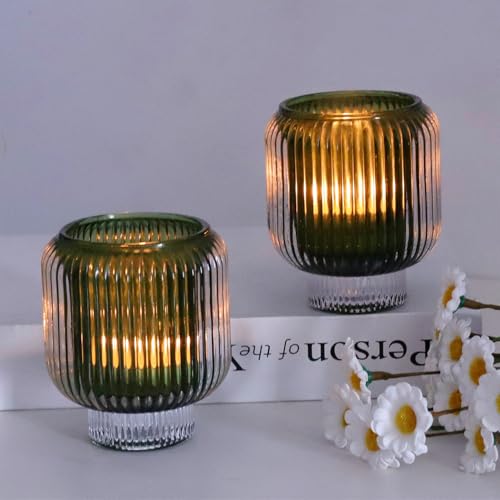 Woho Green Votive Candle Holders Set of 2(3.5" H x 3.1" W), Ribbed Tealight Candle Holder Vintage for Christmas Dinner Table, Reversible Tea Lights Candle Holder Glass for Living Room Home Decor - color: Green
