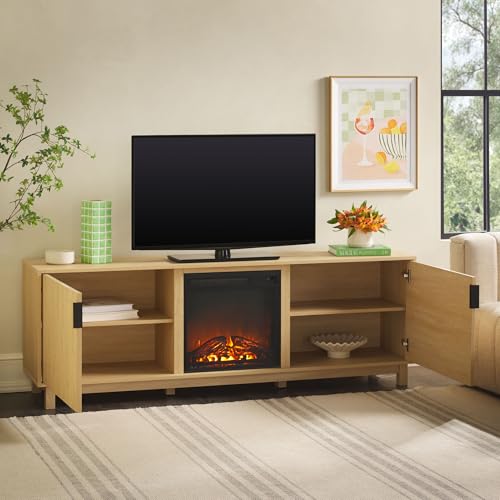 Walker Edison Arundo Reeded TV Stand with Fireplace & Storage, 70" Fireplace, Coastal Oak - color: Coastal Oak, size: 70" x 15.75" 23.75"