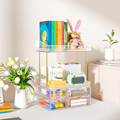 SNSLXH 4 Drawers Makeup Organizer - 4 Tier Makeup Storage, Cosmetics Organiser, Ideal for Cosmetic, 4 Dividers with Drawers for Countertop, Bathroom, Office Supplies, Dresser Transparent Tawny - color: Tawny