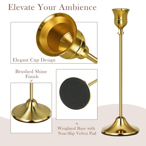 Gold Candlestick Holders Set of 3, Weighted, Metal Taper Candle Stick Holders, Vintage Christmas Brass Home Decor for Table, Mantel, Room Decorations Housewarming Gift Gold-3 - color: Gold, size: Set of 3