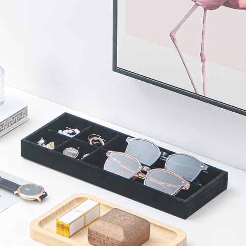 Divided Drawer Organizer Tray, Velvet Jewelry Storage Tray, Necklace Bracelet Ring Earring Display Tray,Bedside Nightstand Desk Holder Tray for Phone Watch Sunglasses Cosmetics Storage/Black/6grid - color: Black, size: Grid6