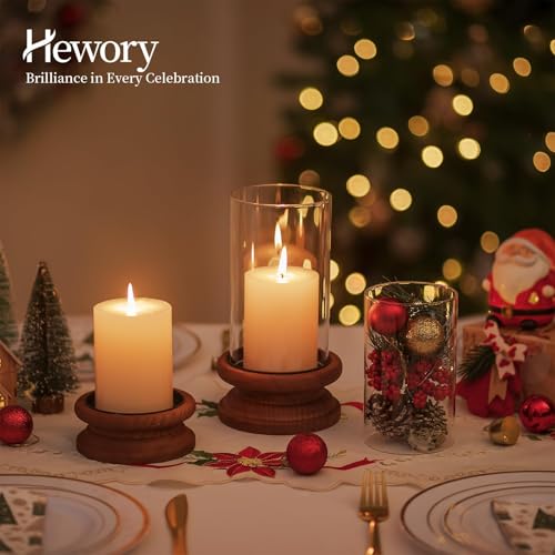 Hewory Hurricane Glass Candle Holder: 2PCS Rustic Brown Candle Holders for Pillar Candles, Vintage Decorative Wood Stand with Clear Glass Cover for Weddings Christmas Table Centerpiece Home Decor - color: Brown