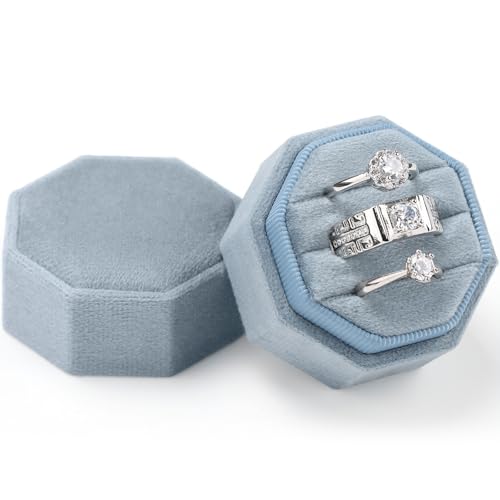 WantGor Velvet Ring Box, 3 Slots Jewelry Ring Gift Box Vintage Ring Display Holder Case for Wedding Ceremony Proposal Engagement (Ocean Blue) - color: Ocean Blue
