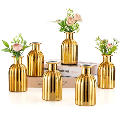 NUPTIO Bud Vases Glass Gold: 6 Pcs Small Vase Set in Bulk for Flowers - Mini Vintage Flower Bottle Single Assorted Vases for Wedding Table Centerpieces - size: Style 2