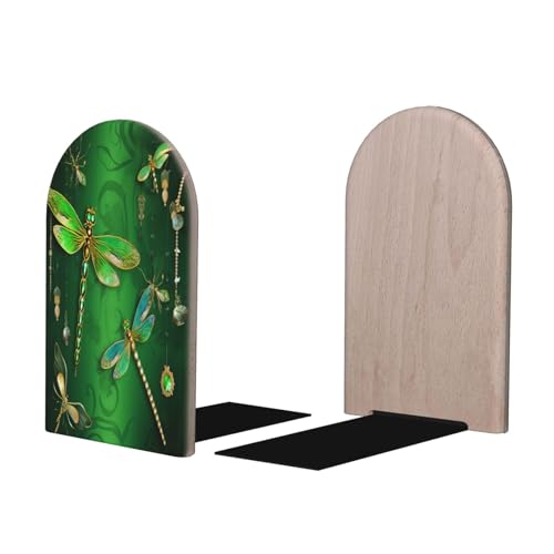 Dragonflies L-Shaped Book Ends 1 Pair Wood Bookends Green Book End Supports for Heavy Book Shelf Holder Home Decorative - color: Dragonflies