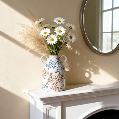 Blue Floral Ceramic Vase with Handle, Nordic Boho Small Vases Side Table Flower Centerpiece, Wide Mouth Single Flower Vase Pampas Grass Decorative - for Home Window Sill Living Dining Room Kitchen - color: Blue Floral