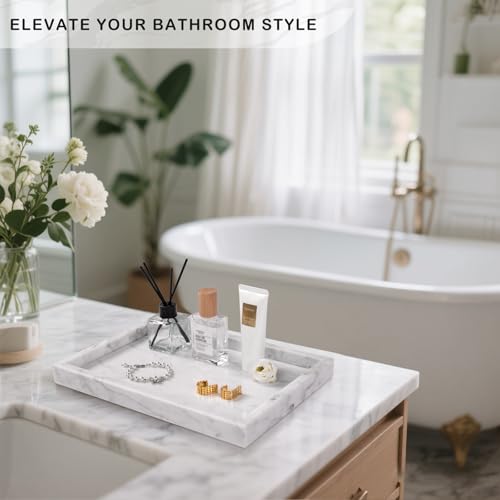 Marble Bathroom Tray for Countertop & Home Decor, Natural Decorative Marble Tray for Jewelry & Perfume Organizer, Luxury Stone Vanity Trays for Dresser, Kitchen Counter, 12" x 8", White - color: White