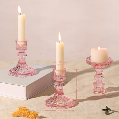 12PCS Pink Candlestick Holders Set- 4" H Taper Candle Holders, Glass Candle Holders Bulk for Wedding, Party, Home Table Centerpieces, Festival Gifts & Windowsill Decor - color: Pink Striped Pattern