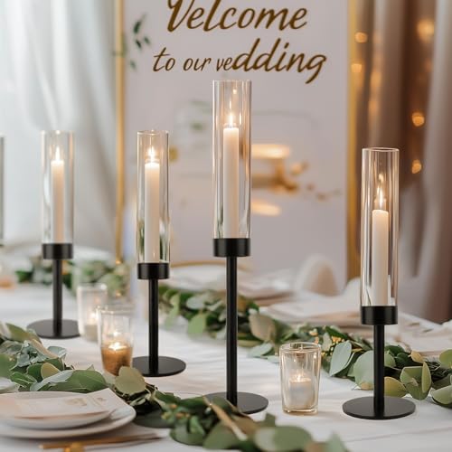 Black Hurricane Candle Holders, Set of 6 Glass Taper Candlestick Holders Metal Candle Stands Bulk with Glass Cover for Dining Tables Wedding Candelabra Centerpieces Decor - color: Black