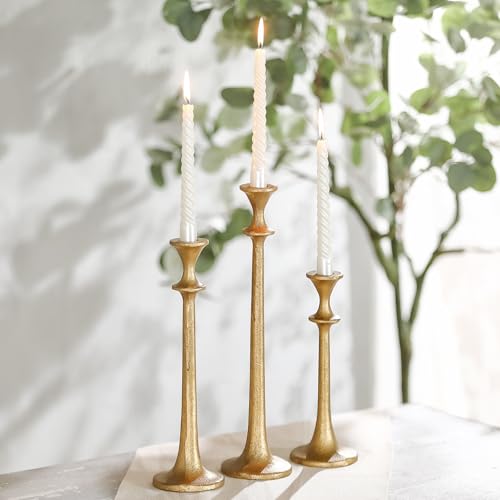 Gold Taper Candle Holders Set of 3, Heavy Candlestick Holders Decorative Candle Stand for Table Centerpiece, Cast Iron Candle Stick Holder Decor - color: Antiqued Gold 2