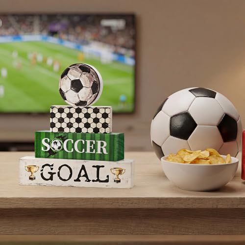 Smile Soccer Wooden Block Decor Set, 4-Piece SOCCER GOAL & Tiered Tray Tabletop Signs with Soccer Ball Figurine for Game Day & Sports Party Decorations - style: Soccer