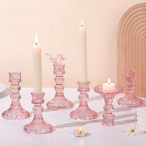 DARJEN 6Pcs Pink Candlestick Holders Set - 4" H & 5" H Striped Taper Candle Holders Bulk, Glass Candle Holders for Wedding, Festival, Party, Table Centerpiece, Gifts - color: Pink, size: Striped Pattern