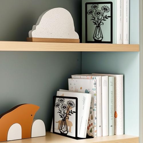 BEUNITONE Daisy Book Shelf Decorative Bookends for Shelves, Non-Slip Book Ends for Heavy Books, Flower Shelf Metal Bookends for Desk Organizer, Office Library Decor Decorative Books for Home Decor - style: Daisy