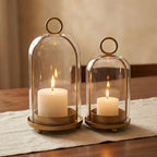 GYKLE Set of 2 Candle Lantern Set - Vintage Brass Candle Holders with Thick Glass Domes (5.25"x10" & 4.5"x7.87"), Perfect for Pillar Candles, Floral Arrangements, and Vintage Home Accents