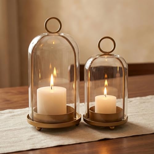 GYKLE Set of 2 Candle Lantern Set - Vintage Brass Candle Holders with Thick Glass Domes (5.25"x10" & 4.5"x7.87"), Perfect for Pillar Candles, Floral Arrangements, and Vintage Home Accents