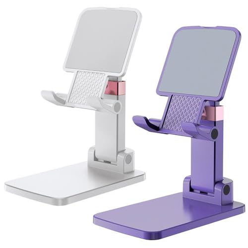 Phone Stand for Desk, Cell Phone Holder Adjustable Cellphone Stand for Desk Height Angle Adjustable Stands, Anti-Slip Base, Compact Design for iPhone Android Devices (Purple, 2Pack) - color: 07-White&Purple