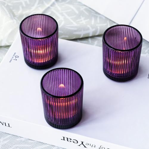 VOHO 12pcs Purple Votive Candle Holders for Christmas Holiday Decorations, Vintage Glass Votive Candle Holder for Coffee Table Centerpiece, Ribbed Tealight Candle Holder for Birthday Gifts - color: Purple