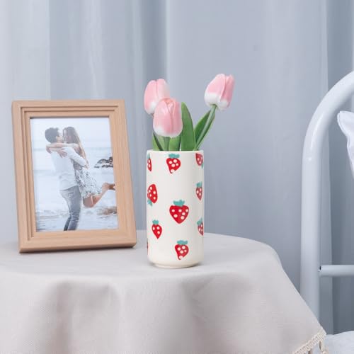 Tnstbiee Cute Ceramic Strawberry Vase - Unique Centerpieces for Tables - Funky Flower and Fruit Decorative - Colorful Girly Home Decor - Aesthetic Modern Design for Summer Decoration - color: Strawberry Vase