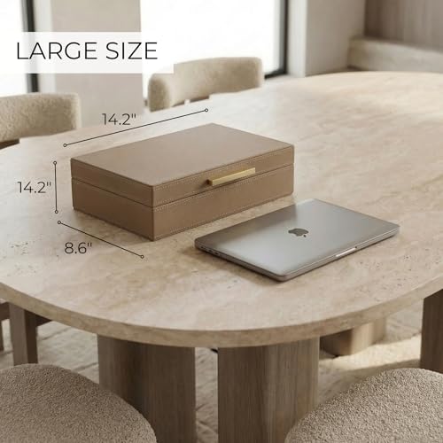 ZICOTO Decorative Storage Boxes with Lids – Set of 2 Beautiful PU Leather Organizer Bins for Your Bookshelf Home Decor - Safely Store Photos, Documents and Memory Box Keepsakes in Style - color: Brown