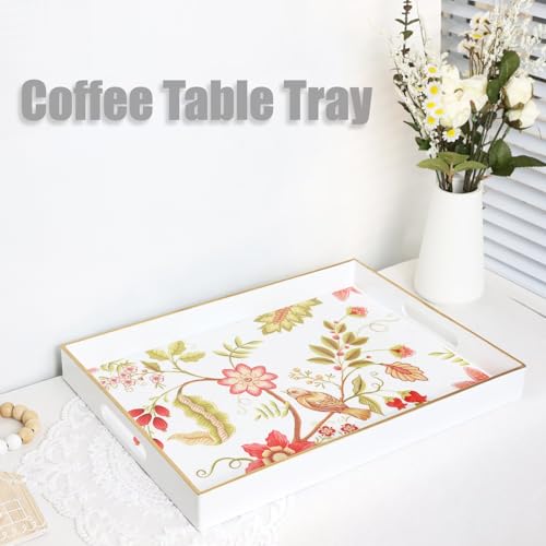 Spsyrine Decorative Serving Tray with Handles, White Lacquered Coffee Table Tray for Ottoman, Rectangle Waterproof Platters for Centerpieces, Parties, Living Room, Kitchen Counter Organization - color: White-bird, size: 16" x 12" x 1.6"