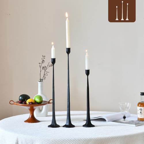 Iron Black Candlestick Holders, Set of 3 Candle Stick Holders,Fits 3/4 inch Thick Candle&Led Candles, Vintage Modern Decorative Centerpiece for Dining Table Centerpiece, Wedding, Party Decor - color: Black-straight, size: 14.4”,17.1”,19.7”