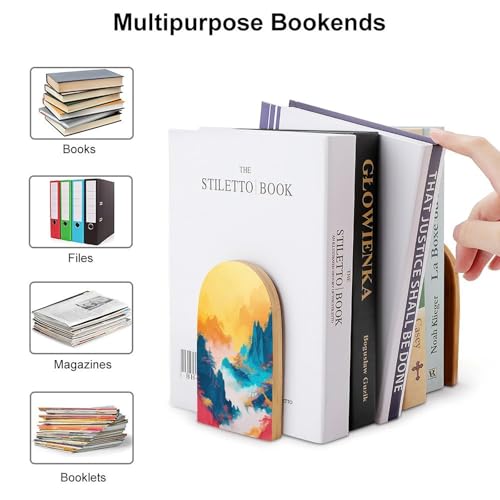 Colorful Mountains Wooden Bookends Shelves 2 PCS Pavilions Trees with Chinese Craftsmanship Minimalist Sturdy Book Holders Desktop Organizer for Home Office Libraries - color: Color-3