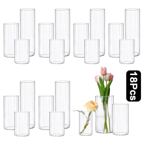 PHOSPHOR 18 Pcs Cylinder Glass Candle Holder 6'', 8'', 10'', Hurricane Candle Holder for Pillar Candle Tall Glass Cylinder Centerpieces Vases Floral Room Decor - color: Striped Glass 18 Pcs
