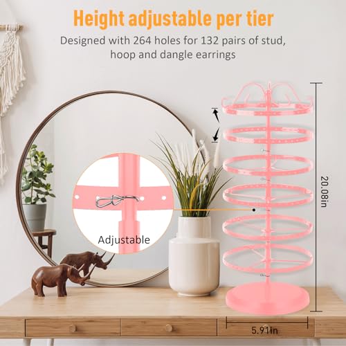 17Dec 6 Tier Rotating Jewelry Organizer Stand, 230 Holes Earring Holder Organizer for Women Girls, Spinning Earring Tree with Ring Holder, Wide Base for Bracelets Watches Lipstick - color: 6-Tier Earring Tower,Pink