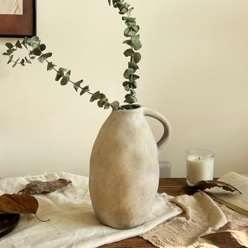 10.3 Inch Rustic Ceramic Handmade Pottery Vase with Handle, White Grey Vintage Farmhouse Vase for Home Decor, Farmhouse Flower Vase for Living Room, Kitchen, Thanksgiving Centerpiece - color: White Gray