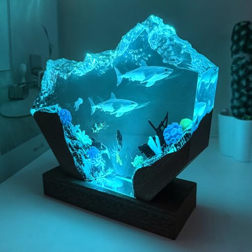 Handmade 3D Ocean Resin Lamp - USB Powered Resin Ocean Night Light with Wooden Base, Variable Lights, Scuba Diver Gifts, Diving Enthusiast Collectibles, Unique Thanksgiving Day and Christmas Gifts - color: Scuba Diver-2, size: L