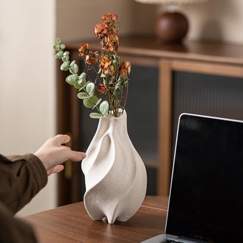 White Ceramic Vase, Waterdrop Spiral Creative Vases, Nordic Modern Boho ins Style, Classic Art Aesthetic Flower Vase for Home Decor (White W 5.12" X H 8.66")