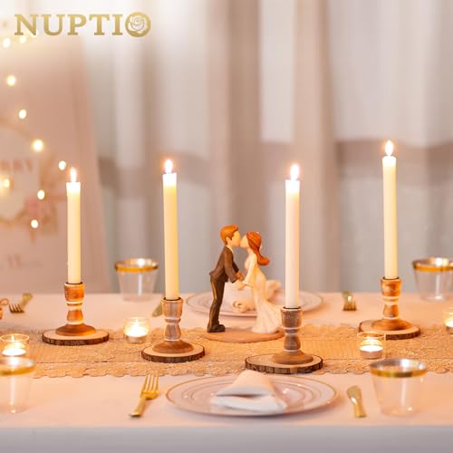 NUPTIO Taper Candle Holders Wood: Set of 2 Rustic Brown Wooden Candlestick Holder - Vintage Small Farmhouse Candles Stick Candleholder for Fall Christmas Home Living Room Table Decor