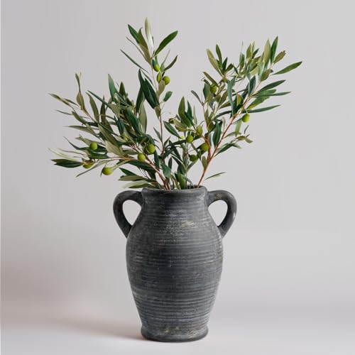 Sunddo Black Vases Home Decor, Rustic Farmhouse Ceramic Vase with 2 Handles, Vintage Stone Pottery Decorative, Living Room, Shelf Enterway, Wedding, Table Decor - color: Rustic Black - 8, size: 8 Inch