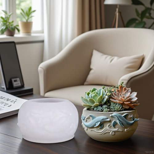 1Pc Dolphin Jar Silicone Mold, 3D Ocean Wave Bowl Resin Mold for Epoxy Casting Succulent Planters, Concrete, Clay, Candle Holders, Storage Box, Trinket Dishes DIY Home Decor Handmade Gifts - color: Dolphin Resin Mold