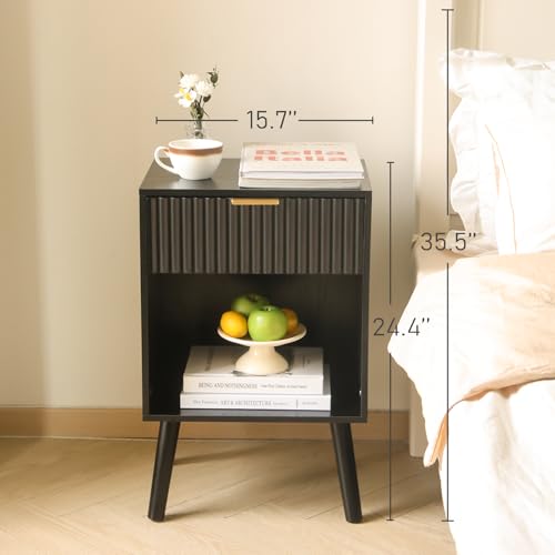 Fultyle Black Fluted Nightstand, Modern Bedside Table with Drawer and Opening Storage, End Side Table Living Room with Solid Wood Legs for Bedroom (Black) - color: Black
