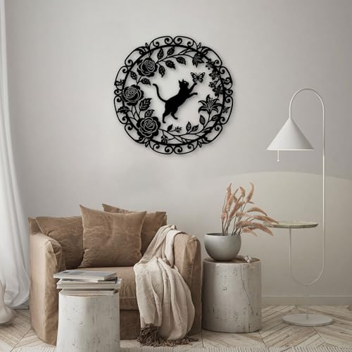 GlintHome Metal Cat Wall Art Decor Butterflies and Cats Black Wall Hanging Decor Silhouette for Home Bedroom Living Room Bathroom Kitchen Office Garden Wall Decoration - color: Black-2, size: Small