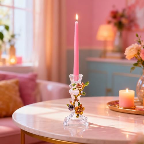Handcrafted Enamel Glass Candle Holder – Stunning Floral Design with Begonia Flowers for Weddings, Home Décor, and Gift Giving – Unique Handcrafted Piece with Enamel Detailing