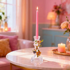 Handcrafted Enamel Glass Candle Holder – Stunning Floral Design with Begonia Flowers for Weddings, Home Décor, and Gift Giving – Unique Handcrafted Piece with Enamel Detailing
