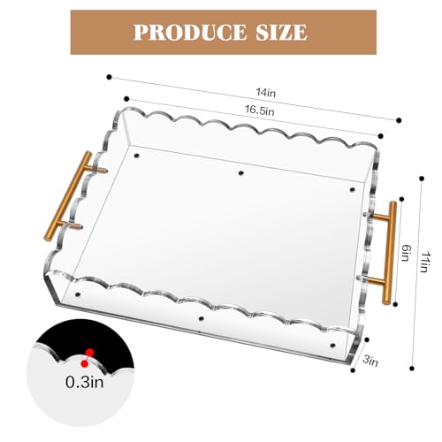 Acrylic Scalloped Tray 14'' X 11'' Acrylic Serving Tray with Magnetic Mat and Handles for Customizable Picture, Clear Acrylic Tray for Bathroom Kitchen Living Room Decor Vanity Perfume